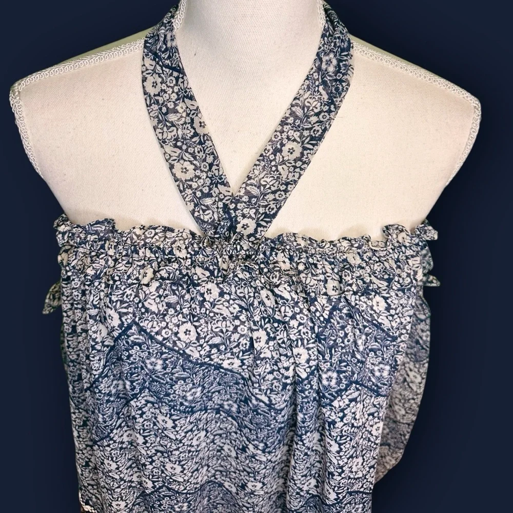 Misa Los Angeles Blue Floral Print ‘Livey’ Off The Shoulder Tie-Neck Top Size XS